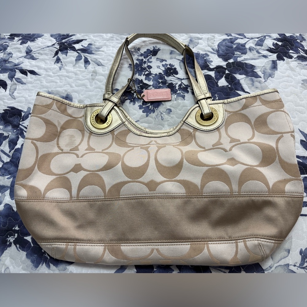 Coach Signature Beige and Gold Tote Bag